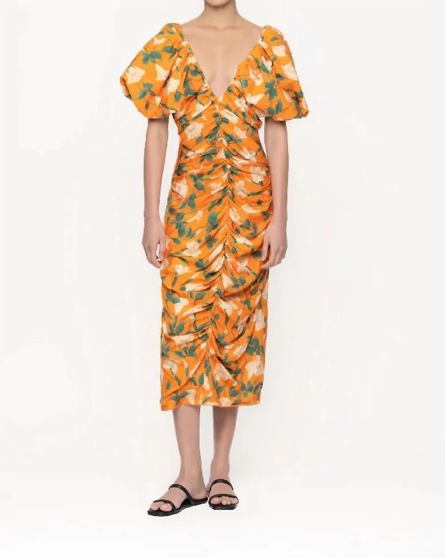 Time to Save Big!Camelia Sabanero Dorado Midi Dress In Orange Floral