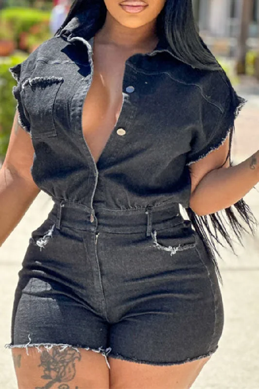 Great Deals, Just for You!Distressed Solid Color Denim Stylish Button Romper