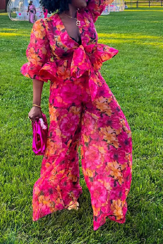 Steals and Deals Await!Floral Print Pretty Lace-Up Peplum Pant Suit