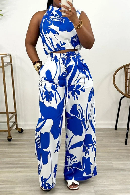 Save More with Every Purchase!Floral Print Romantic Lace-Up Irregular Neck Pant Suit