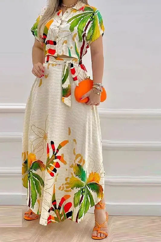 One Day Only – Huge Savings!Floral Print Tropical Lace-Up Irregular Skirt Suit