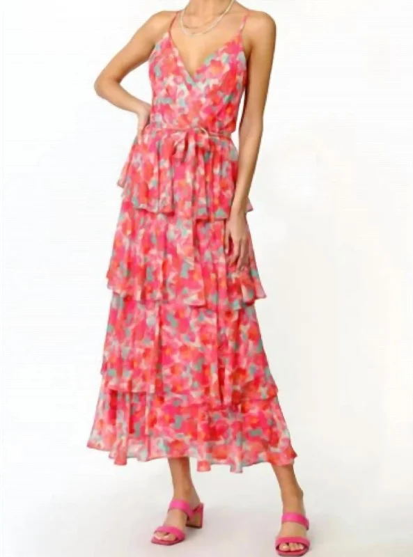 Get More for Less!Floral V Neckline Spaghetti Strap Tiered Midi Dress In Rose Coral