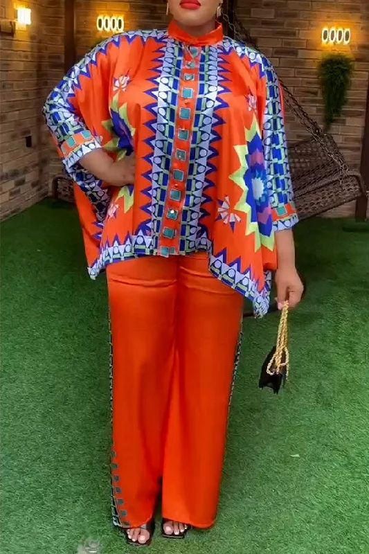 Time to Snag a Bargain!Geometric Print Retro Batwing Sleeve Irregular Pant Suit