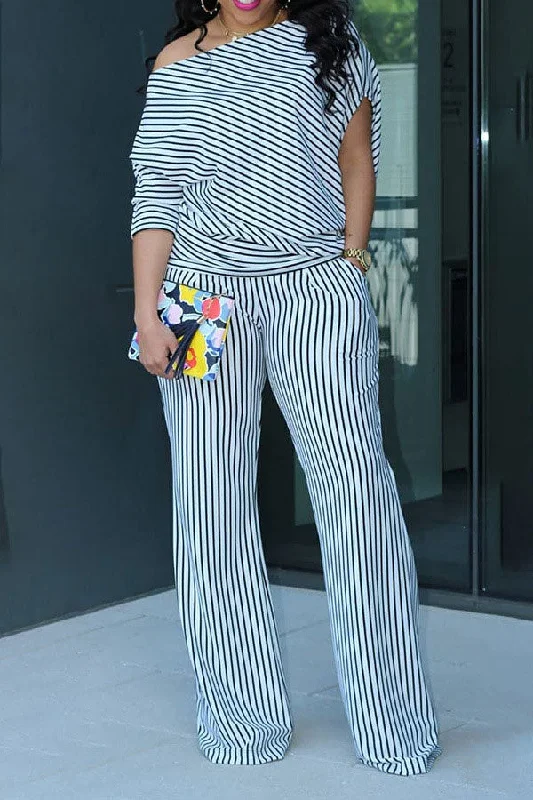 Special Discounts Inside!Hit Color Striped Slash Neck On-trend Pant Suit