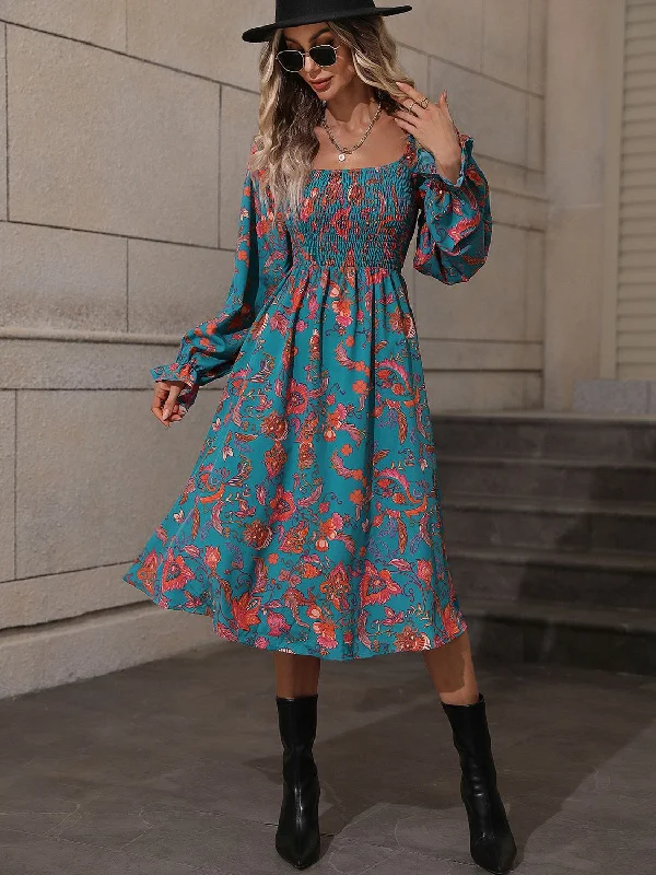 Hurry! While Supplies Last!Honey Printed Square Neck Flounce Sleeve Dress