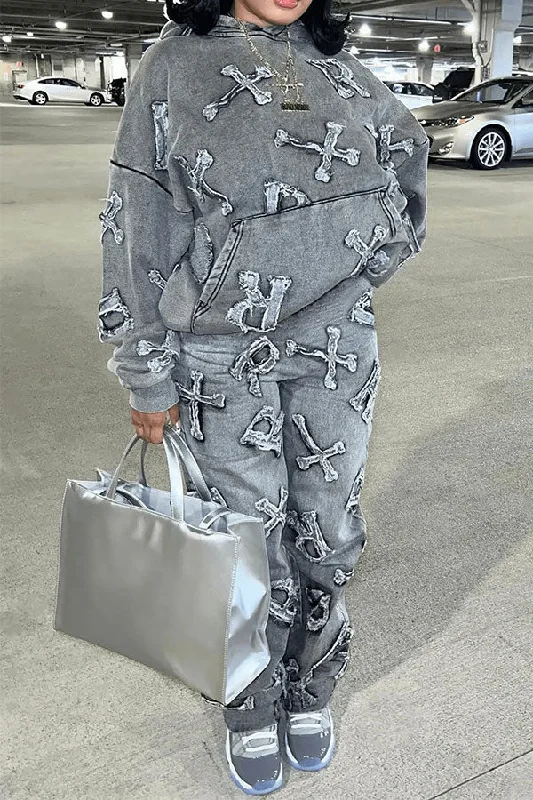 Enjoy Huge Discounts Now!Imitation Denim Print Casual Pocket Hooded Pant Suit