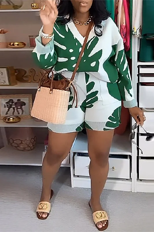 Exclusive Deals Just for You!Leaf Jacquard Tropical Knitted Pant Suit