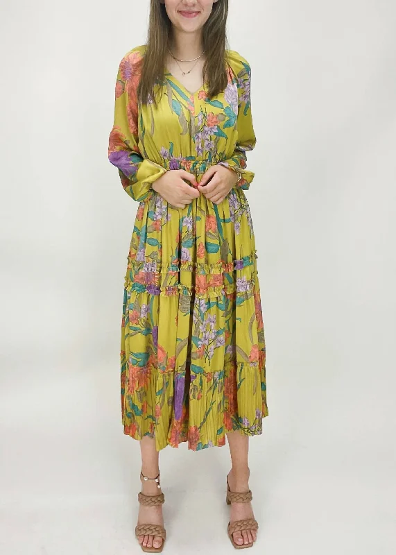 Limited Time Offer!Leena Floral Midi Dress in Yellow Floral