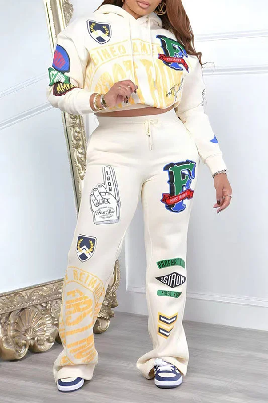 Upgrade for Less!Letter Print Cute Drawstring Hooded Pant Suit