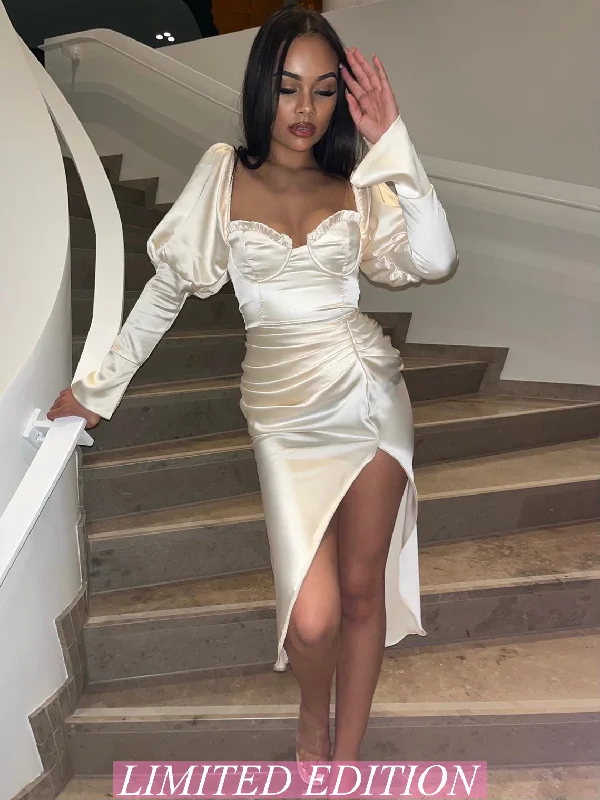 Price Drops You’ll Love!Malia Satin Draped Puff Sleeve Dress