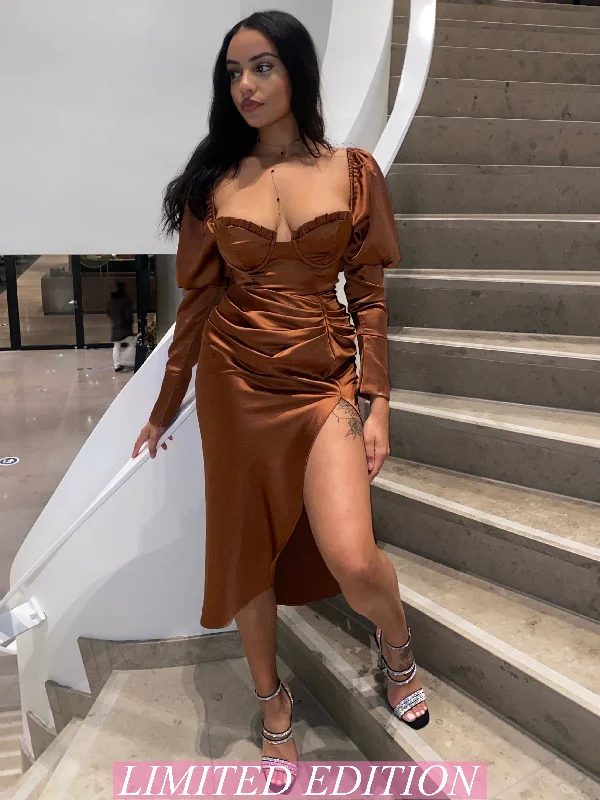 Every Deal is a Steal!Malia Satin Draped Puff Sleeve Dress