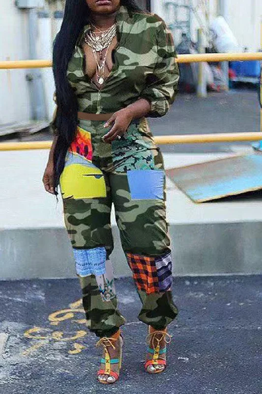 Your Shopping Wish, Our Discount Command!Patchwork Camouflage Stylish Zipper Pant Suit