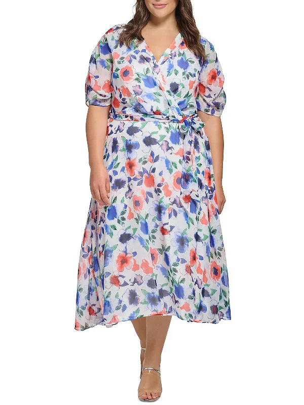 Today Only – Don’t Miss It!Plus Womens Faux Wrap Chiffon Midi Dress