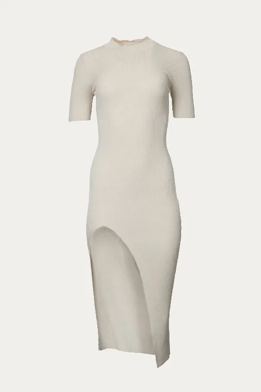 Your Wallet Will Thank You!Ribbed Midi Dress With Front Slit in Almond