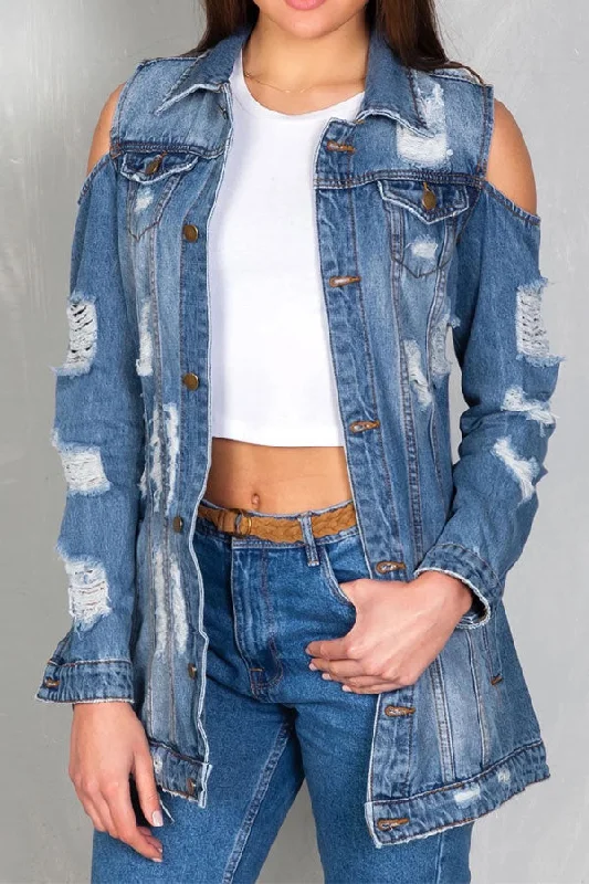 Huge Savings – Act Now!Ripped Cold Shoulder Urban Gradient Denim Coat