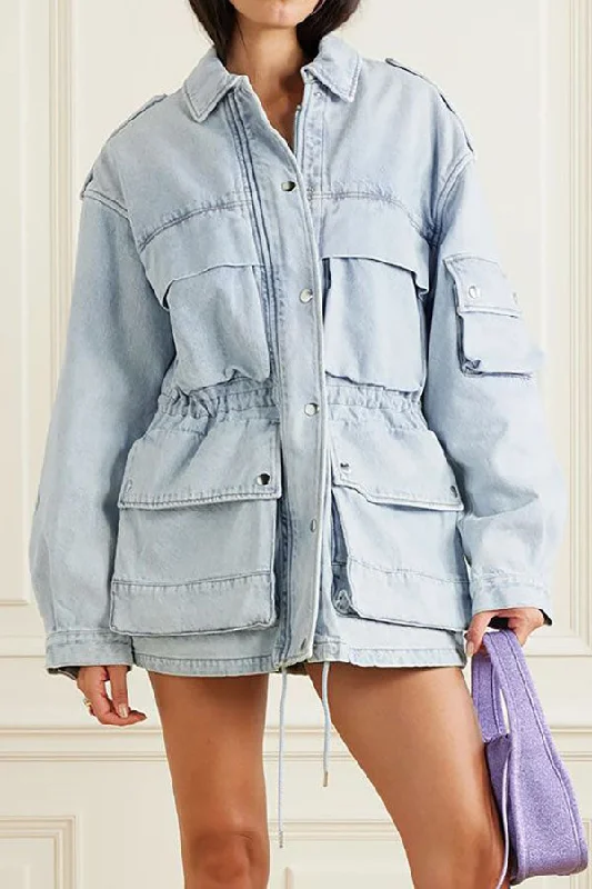 Savings You Can’t Ignore!Solid Color Classic Drawstring Multi Pocket Denim Coat