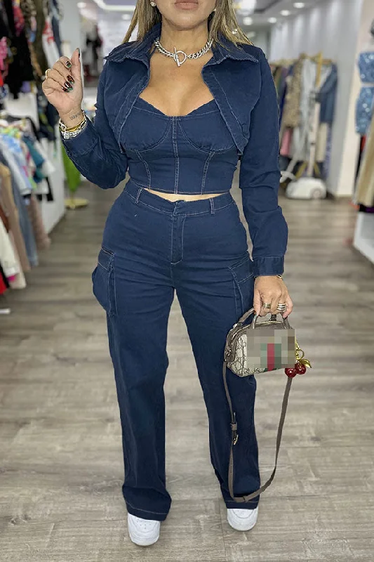 Sale Alert – Get Ready to Shop!Solid Color Denim Commuting Pocket Pant Suit