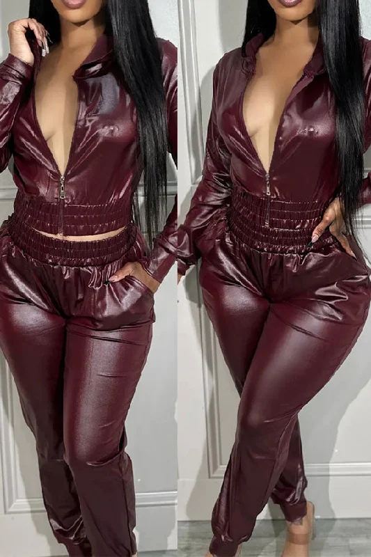 Shop Today, Save Tomorrow!Solid Color Hooded On-trend PU Pant Suit