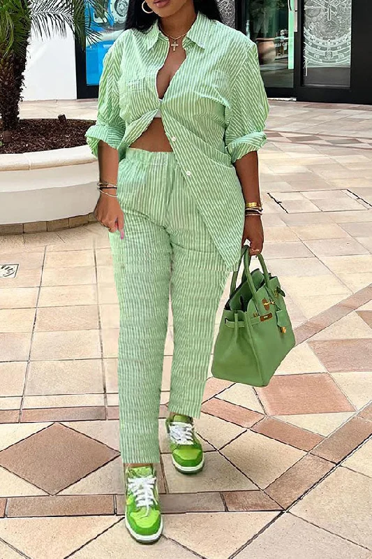 Huge Savings – Act Now!Striped Bright Shirt Collar Pant Suit