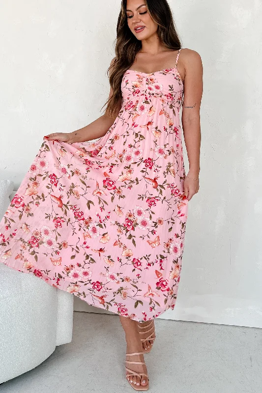 Your Shopping Spree Starts Here!Sweet By Nature Pleated Floral/Bird Print Dress (Pink Multi)