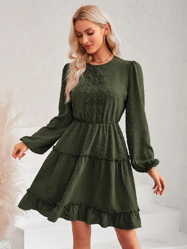 Exclusive Savings This Week!Swiss Dot Lace Trim Balloon Sleeve Dress