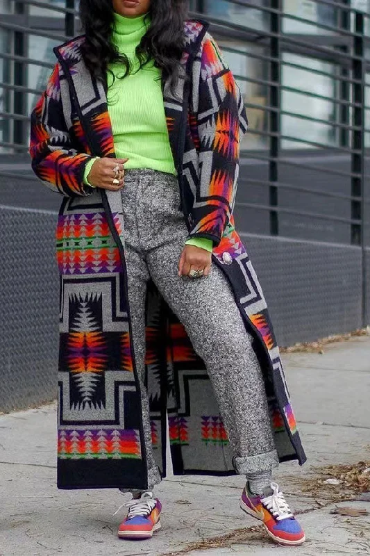 Find Your Perfect Deal Today!Tribal Graphic Print Retro Hooded Trench Coat