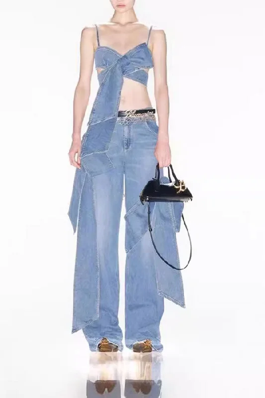 Your Dream Deal is Here!Washed Denim Rocking Bow Design Pant Suit