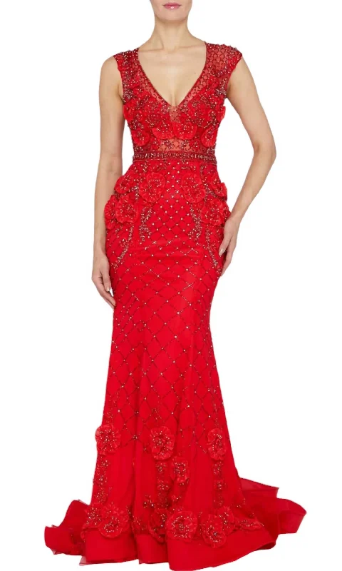 3D Floral Applique Beaded Evening Dress In Red