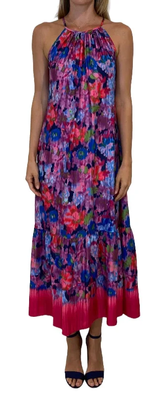 Get Ready to Save!A-Line Halter Tiered Maxi Dress In Pink/violet Multi