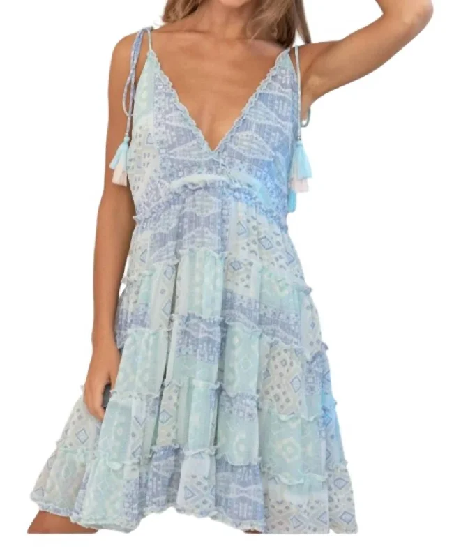 Hurry! While Supplies Last!Deep V Chiffon Ruffle Tiered Tassel Flare Mini Dress In Blue