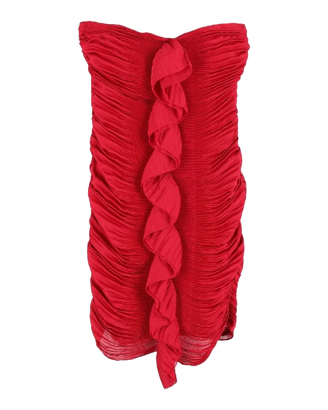 Time to Save Big!Diane Von Furstenberg Strapless Ruffled Mini Dress in Burgundy Polyester