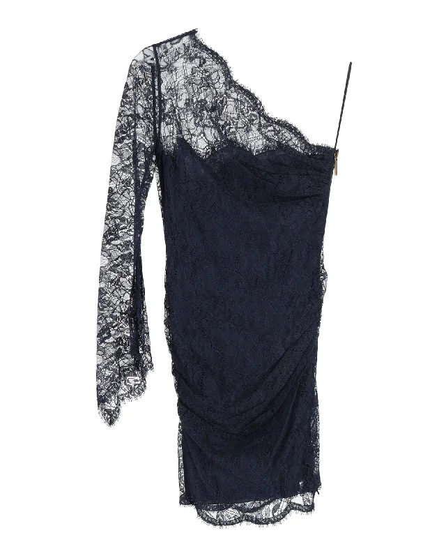 Instant Savings Await!Emilio Pucci One Shoulder Lace Mini Dress in Navy Blue Polyester