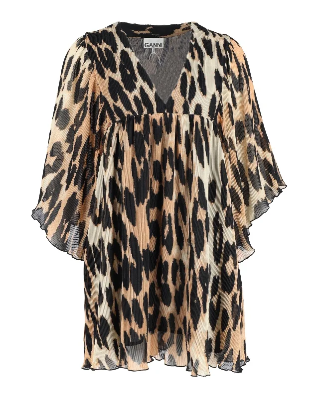 Grab Yours Before It’s Too Late!Ganni Leopard-Print Pleated Oversized Mini Dress in Brown Polyester
