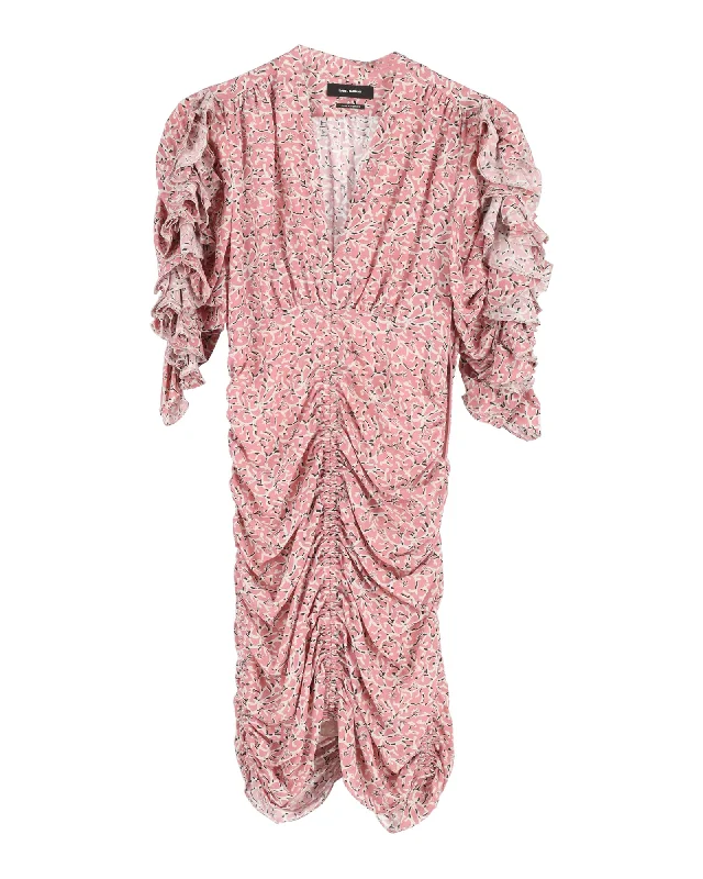 Shop Now and Save!Isabel Marant Andor Floral Ruched-Seam Mini Dress in Pink Silk