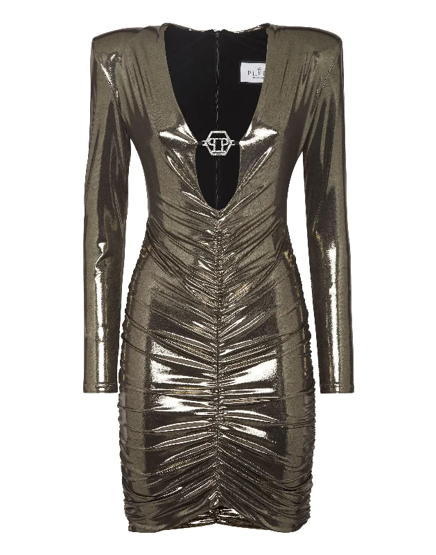 Every Deal is a Steal!Lamé Fabric Padded Shoulder Mini Dress LS