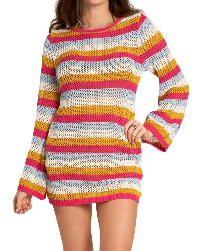 Save More When You Shop More!Long Sleeve Multicolor Striped Crochet Mini Dress In Pink Stripe