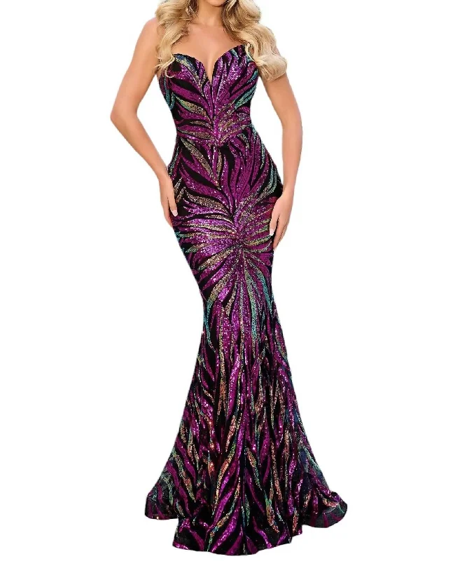 Long Strapless Mermaid Prom Dress In Black/hot Pink/gold