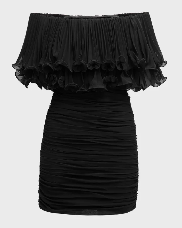Buy More, Pay Less!Milan Ruched Off-Shoulder Ruffle Mini Dress