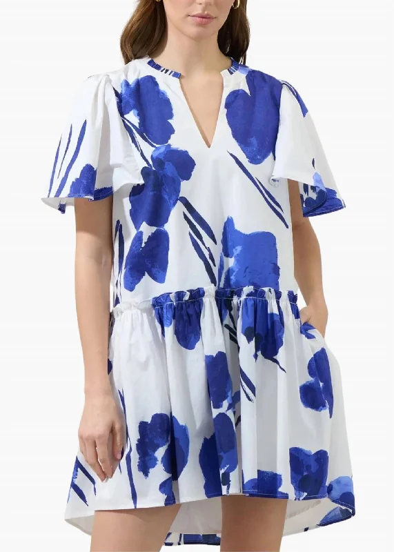 Grab Yours Before It’s Too Late!Neli Floral Trapeze Mini Dress In White/cobalt