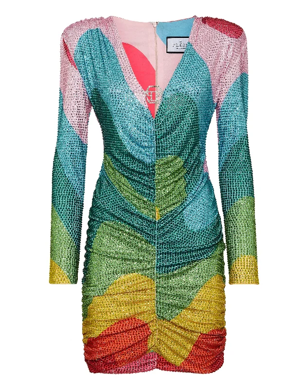 Unlock Huge Savings Now!Padded Shoulder Mini Dress LS with Crystals Rainbow Stripes