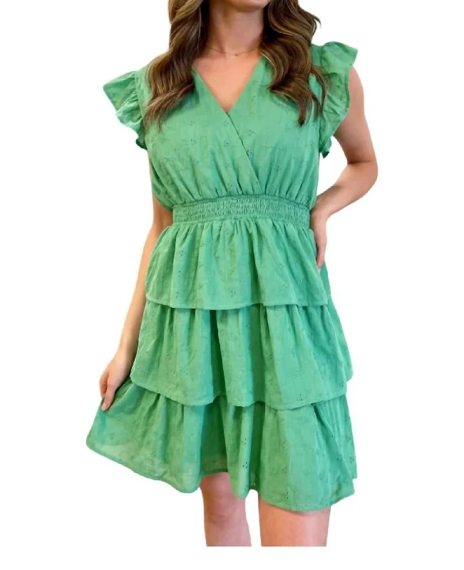 Save More with Every Purchase!Ruffle Sleeve Tiered Mini Dress In Kelly Green