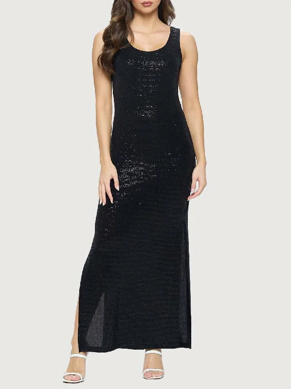 Every Deal is a Steal!Scoop Neck Maxi Dress With Side Slits In Black Sparkle