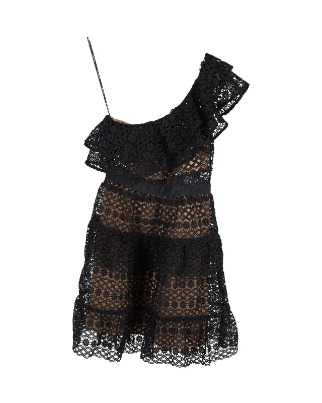 Upgrade for Less!Self-Portrait Lace Overlay One-Shoulder Mini Dress in Black Polyester