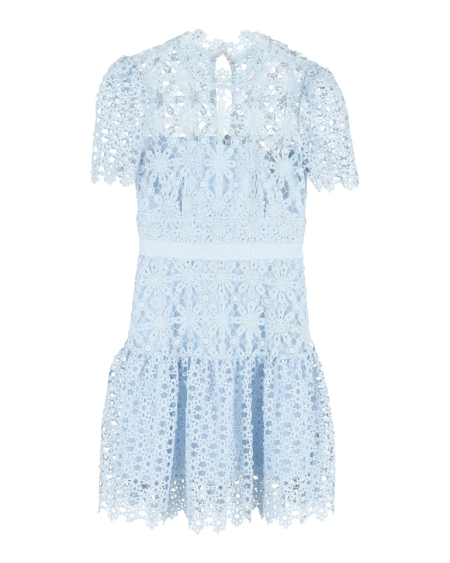 Best Price of the Season!Self-Portrait Short Sleeve Mini Dress in Light Blue Polyester Lace