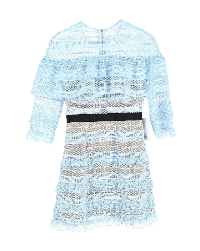 Everything Must Go!Self-Portrait Stripe Grid Mini Dress in Light Blue Polyester