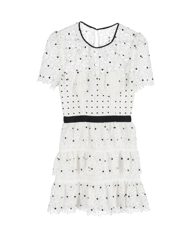 One Click Away from Big Savings!Self-Portrait Tiered Polka Dot Floral Lace Ruffle Mini Dress in White Polyester