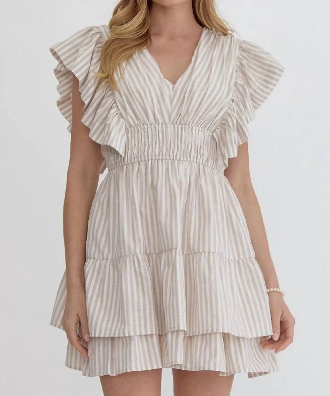 Shop Before It’s Gone!Striped V-Neck Mini Dress In Sand