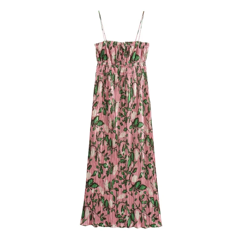 Today Only – Don’t Miss It!Women's Botanical Print Pleated Maxi Dress In Pink