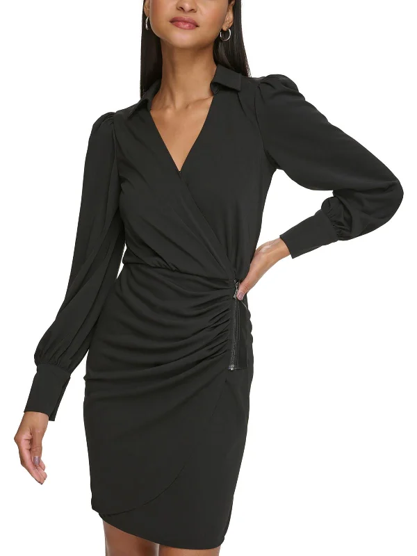 Every Deal is a Steal!Womens Ruched Faux Wrap Mini Dress
