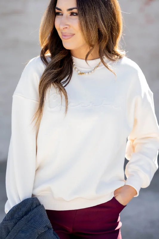 Shop More, Spend Less!Cheerful Cursive Embossed Crewneck